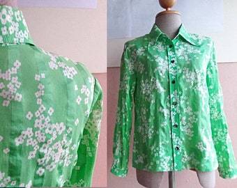 70s Green Mod Shirt - Cotton Shirt Blouse - Vintage Cotton Floral Button Up Blouse - Green Cotton Long Sleeved Shirt - 36&quot; Bust - Small