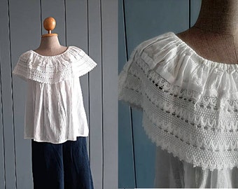 M - 90s Vintage White Blouse - Lace Blouse Summer Top - Medium