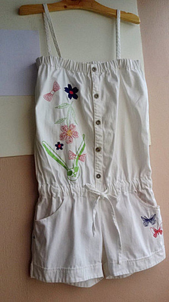 M - 90s White Denim Playsuit Romper - Boho Embroi… - image 9