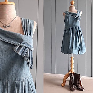 Vintage Blue Denim Jeans Dress - Balloon Hem - Minimalist Chic - 34&quot; Bust - 28&quot; Waist