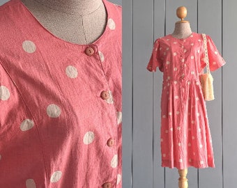 M - 70s Day Dress - Summer Cotton Polka Dot Dress - Pink Cream - Japanese Vintage - 28 Inch Waist