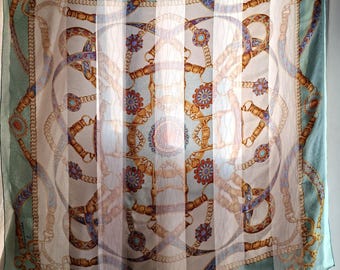 Vtg Silk Scarf - Trussardi Gold Chain Print Square Scarf - Blue Gold Scarf - 34" x 34"