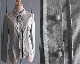 90s Gray Blouse Shirt - Cotton Spandex Office Blouse Top - Small Gray Longsleeved Shirt