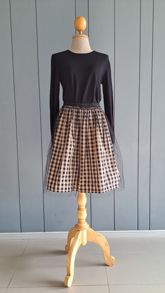 S M Y2K Net Tulle Mesh Skirt Beige Black Gingham Party Skirt Minimalist Skirt 25 30 Waist Etsy