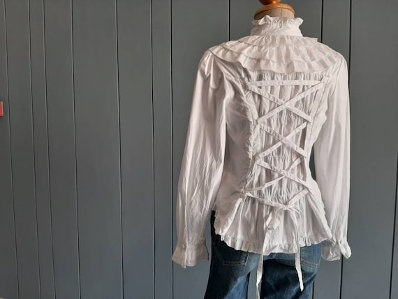 S - Vintage White Cotton Shirt - Victorian Ruffle
