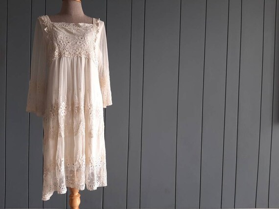 M - 90s Ivory Lace Dress - Net Tulle Dress Mesh Dr