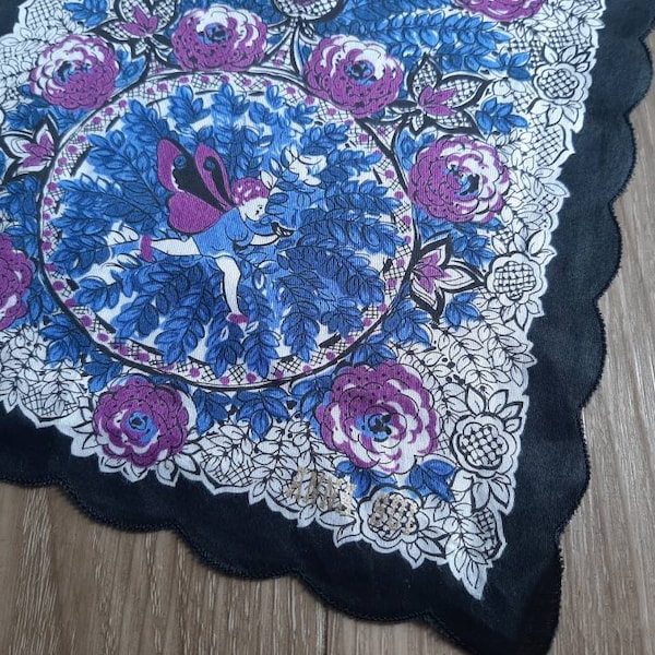 ANNA SUI Vintage Handkerchief - Cotton Floral Print - Scallop Edged Scarf  22" x 22"