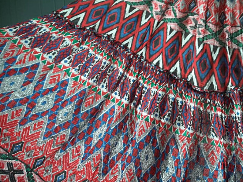 May include: Close-up of a colorful fabric with a geometric pattern in shades of red, blue, green, and white. The fabric has a ruffled edge.