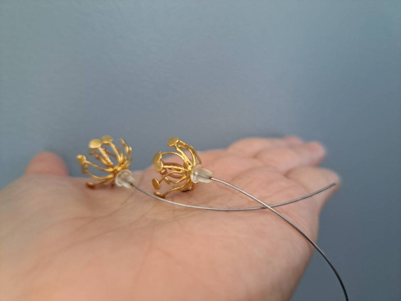 May include: A pair of gold-toned earrings featuring a spherical, cage-like structure with multiple radiating wire spokes, each tipped with a small flat disc. The earrings are attached to long, thin, curved silver-toned metal ear wires with clear backings.