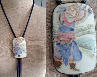 Unisex No Fear Lariat - Chinese Warrior Symbol of Courage Vintage Ceramic Porcelain Silver Necklace - One of a Kind Gift - with Velvet Case