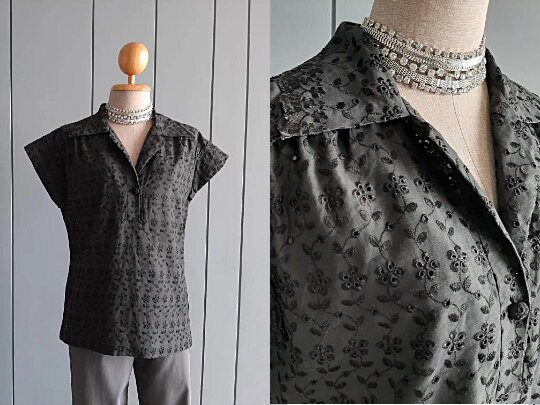 Women S - M - Vintage Charcoal Black Cotton Blouse - Black Eyelet Summer Blouse