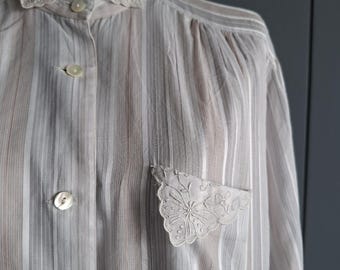 L - jaren 70 gestreept zomerkatoenen shirt - overhemd met zakdoekkraag - damesshirt met lange mouwen van hoge kwaliteit, gemaakt in Japan