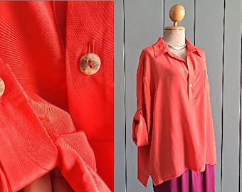 XL - XXL - Plus Size Vintage Silk Blouse - Pure Silk Orange Shirt Summer Top 46" Bust