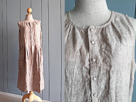 M - Linen Summer Dress - 90s Day Dress - Brown Sl