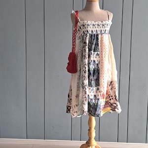 S - Abito estivo in cotone indiano anni &#39;90 - Stampa patchwork multicolore - Abito estivo boho hippie