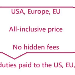 May include: A magenta speech bubble outline containing the text USA, Europe, EU, All-inclusive price, and No hidden fees. Below the speech bubble, the text reads Taxes & duties paid to the US, EU, Europe in the same magenta color on a white background.