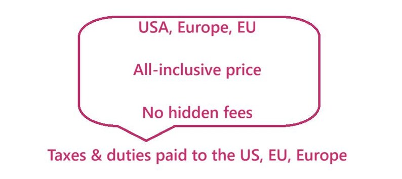 May include: A magenta speech bubble outline containing the text USA, Europe, EU, All-inclusive price, and No hidden fees. Below the speech bubble, the text reads Taxes & duties paid to the US, EU, Europe in the same magenta color on a white background.