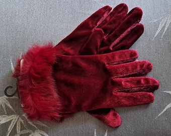Guanti invernali vintage in velluto rosso - Guanti invernali da donna - Taglia piccola