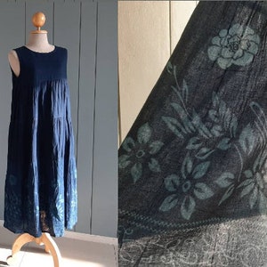 M - Vestido de tenda de algodão puro dos anos 90 - Vestido de verão sem mangas azul-marinho índigo - Vestido de maternidade de verão - Busto de 36 polegadas