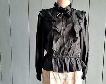 S - M - 70s Black Ruffle Blouse - Vintage Ruffle Shirt - Japanese vintage Size 9