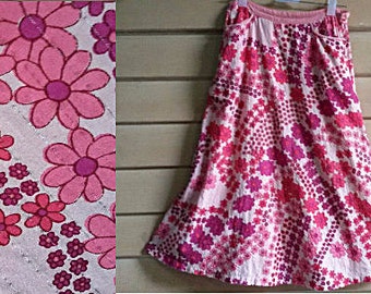 70s Flower Girls Skirt -  Indian Cotton gauze Romantic Boho Hippie Skirt - Fuchsia Pink  Floral Skirt