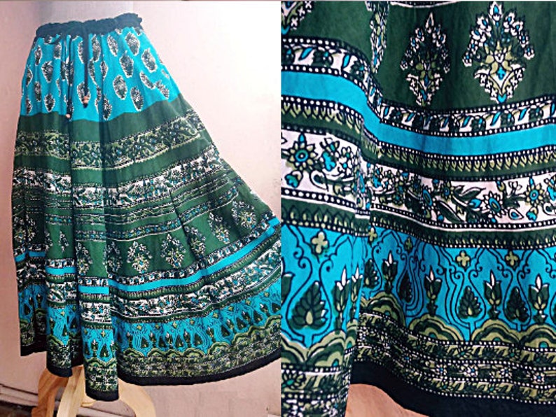 Indian Paisely Block Print Blue Green Skirt Free Size Free Shipping Gypsy Cotton Skirt Hippie Boho Indian Cotton Skirt