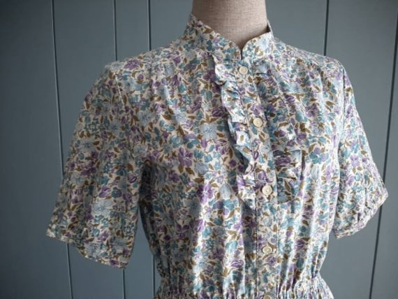 S- M - 70s Pure Cotton Shirtdress - Floral Ruffle… - image 2