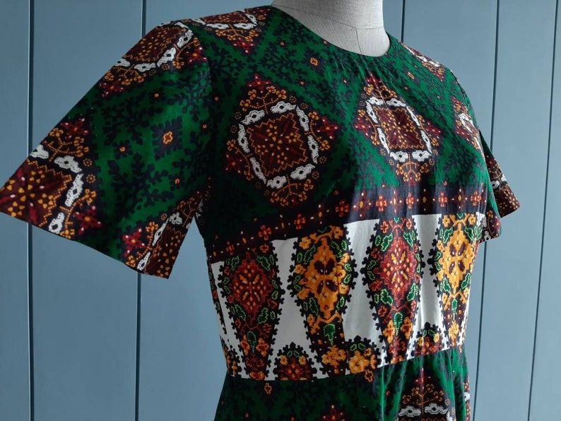 27 Waist 70s Retro Cotton Dress Day Dress Cotton Maximalist Dress S Green Orange Dress