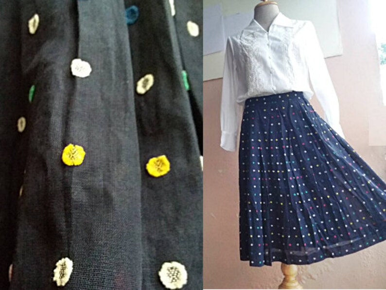 70s Polka Dot Skirt Cotton Midi Skirt 26 Waist Small Vintage Skirt