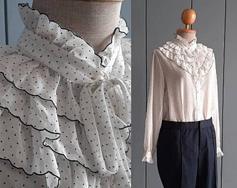 M - 70s White Chiffon Blouse - Workwear Ruffle Blouse - Japanese Vintage Blouse 38&quot; Chest