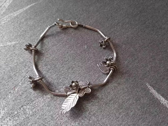 Thai Silver Sterling Bracelet - Boho Hippie Jewelry - Flowers and Butterflies - One of a Kind - Birthday Gift for Sister - Free Shipping