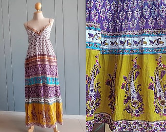 S 90s Boho Maxi Dress Indian Gauze Cotton Spaghetti Strap Paisley  Block Print Summer Sun Dress