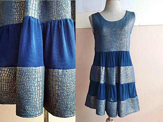 S - 90s Midnight Blue Gold Dress - Vintage Tulle P