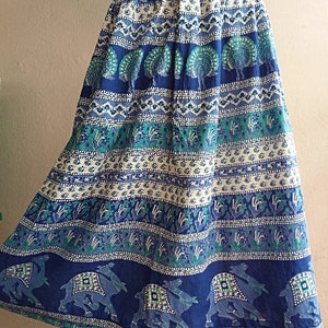 80s Indian Cotton Skirt Peacock Camel Block Print Skirt Blue Green 25 Waist XS Petite Bohemian Skirt image 2