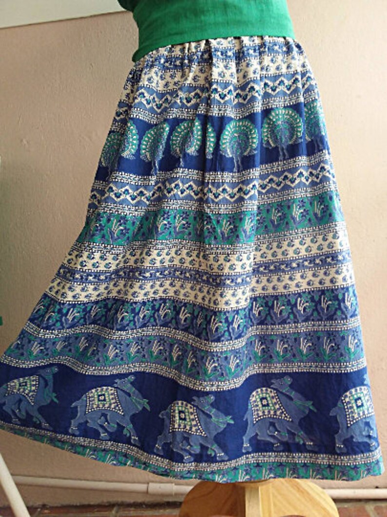 80s Indian Cotton Skirt Peacock Camel Block Print Skirt Blue Green 25 Waist XS Petite Bohemian Skirt image 2