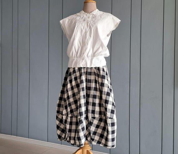 スカート cotton balloon skirt S - M - 90s Cotton Balloon Skirt - Black White Gingham Skirt