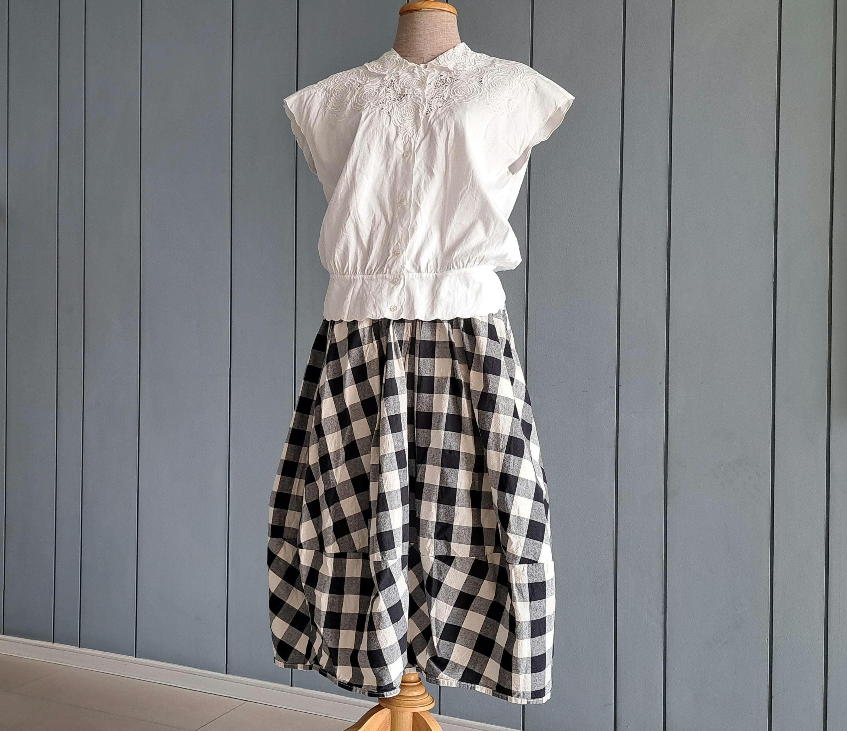 スカート cotton balloon skirt S - M - 90s Cotton Balloon Skirt - Black White Gingham Skirt