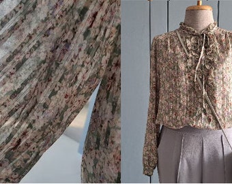 S - M - 90s floral ruffle chiffon shirt  Blouse - shiny gold thread Made in Japan