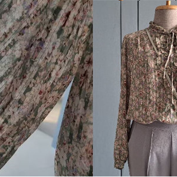 S - M - 90s floral ruffle chiffon shirt  Blouse - shiny gold thread Made in Japan