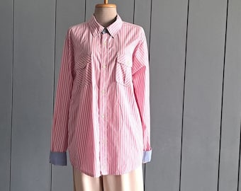 XL - Rosa randig bomullsskjorta - Unisex långärmad skjorta med dubbla fickor, byst 102 cm