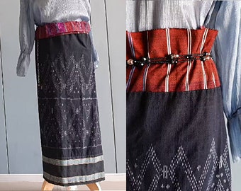 Pure Cotton Sarong Wrap - Vintage Lao Ikat Cotton Wrap - Asian Textile Handwoven fabric - FREE Bead Belt FREE SHIPPING