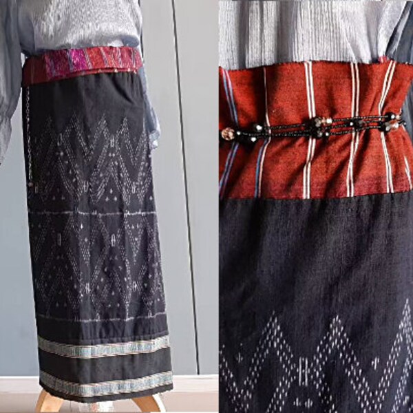 Pure Cotton Sarong Wrap - Vintage Lao Ikat Cotton Wrap - Asian Textile Handwoven fabric - FREE Bead Belt FREE SHIPPING