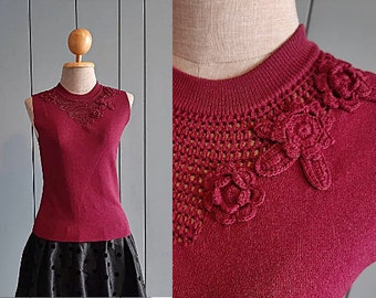 S - M - 80s Autumn Winter Knit Top - Burgundy Red Knit Sleeveless Jumper Sweater Blouse