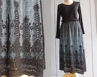 Vintage 70s Art Deco Lace Skirt – Black Floral Japanese Midi with Blue Lining – Romantic Goth High Waist Sheer Lace Layer Skirt