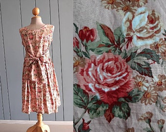 M - Summer Spring Garden Dress - 80s Floral Cotton Day Dress - Vintage Back Bow Dress - 38" Bust