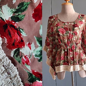 90s Summer Boho Batwing Blouse - Rose Floral Print Hippie Top - Small Size 38 - Valentine&#39;s Day Gift