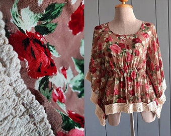 90s Boho Batwing Top Blouse - Rose Floral Print Hippie Top - Small Size 38 - Valentine's Day Gift