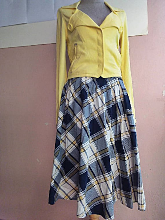 90s Tartan Check Print Skirt - Elastic Waist Plai… - image 1