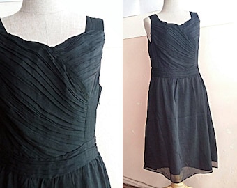 M - Crepe Black Dress - Vintage Little Black Dress - 90s Chiffon Drape Dress - Black Party Dress - Minimalist Black Dress