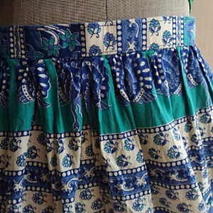 80s Indian Cotton Skirt Peacock Camel Block Print Skirt Blue Green 25 Waist XS Petite Bohemian Skirt image 4